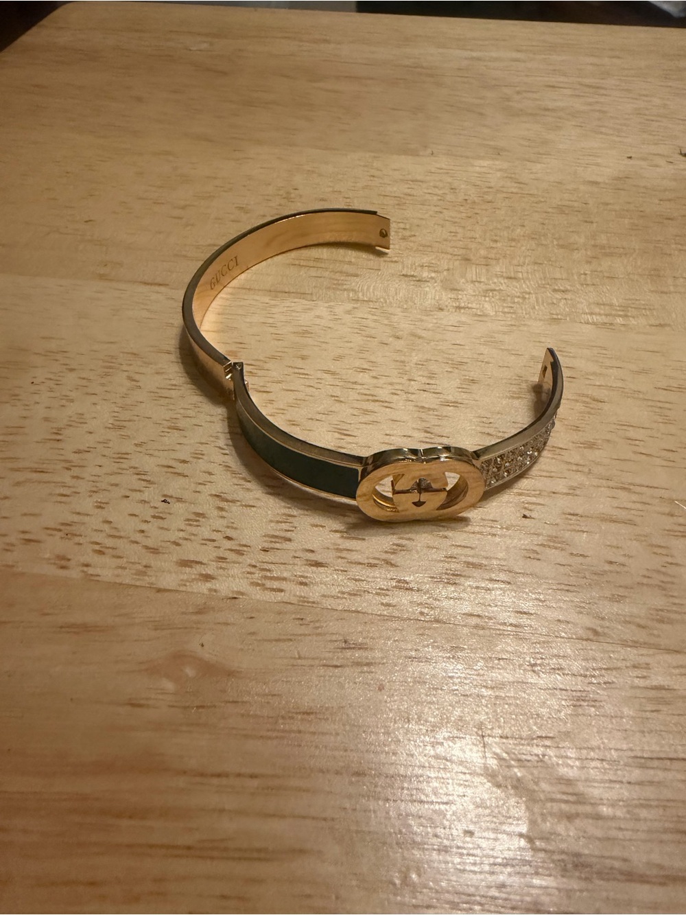 Gold-Tone Women's Cuff Bracelet with Green Enamel and Crystal Accent